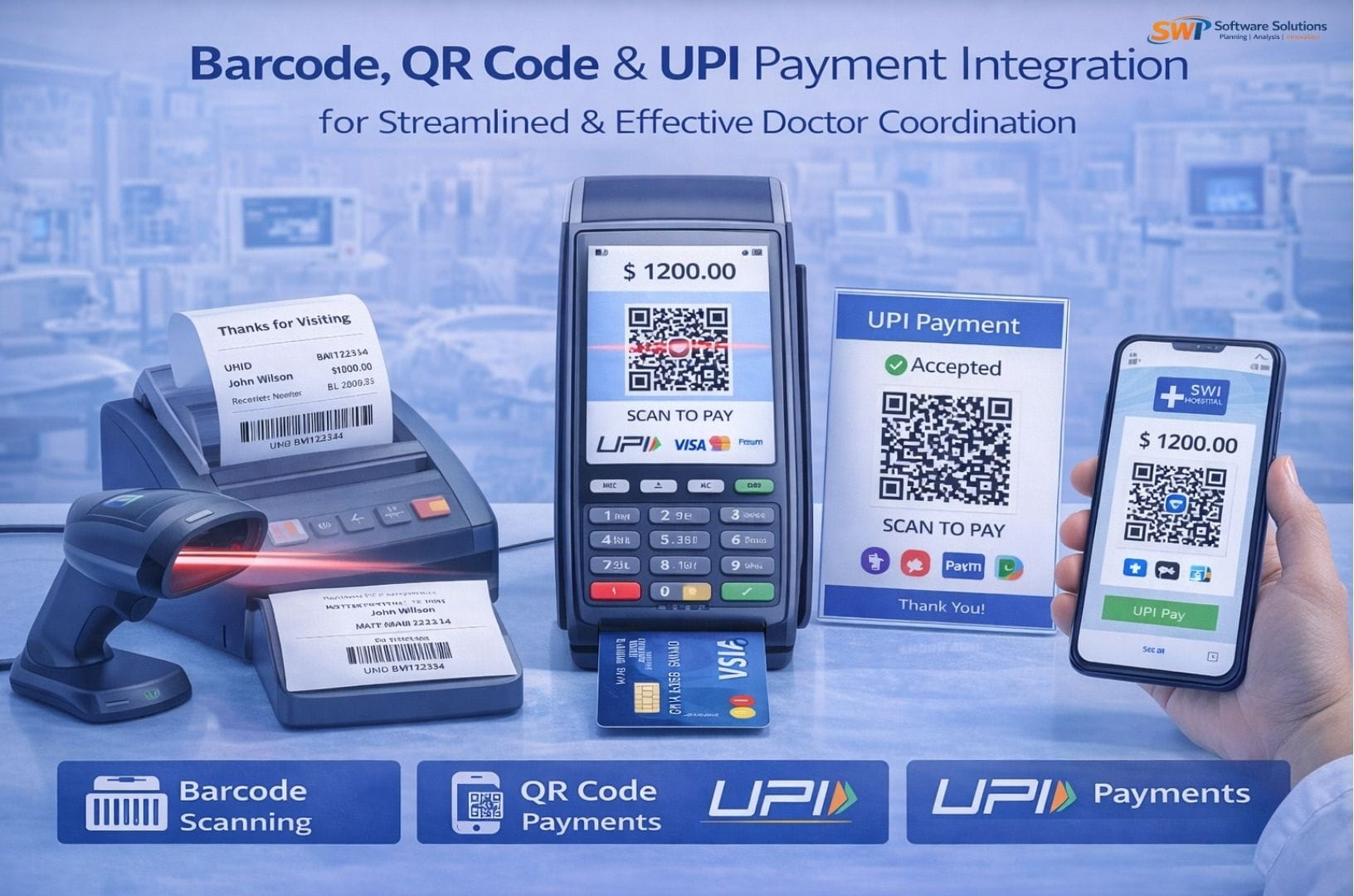 Barcode, QR Code & UPI Payment Integration in Hospital Software Hospital management software showing barcode scanning, QR code billing and UPI payment integration for faster patient billing and secure digital payments