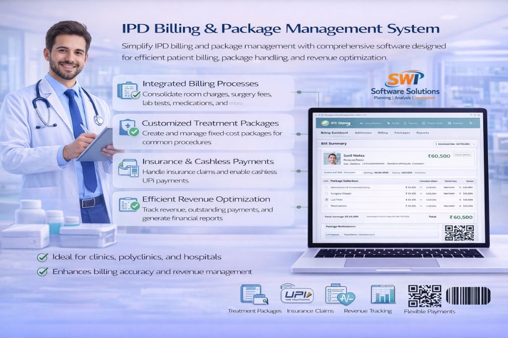 IPD billing and package management system software showing integrated inpatient billing, customized treatment packages, insurance and cashless payments with UPI, and revenue optimization with financial reporting for hospitals