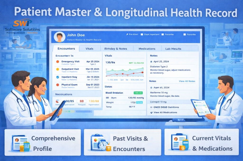 patient master and longitudinal health record software showing complete patient profile, past visits and encounters, current vitals, medications and EMR history tracking for hospitals and clinics.