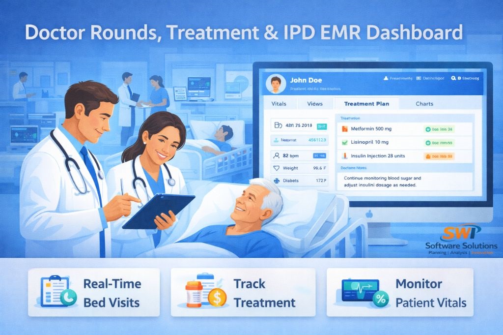 IPD EMR dashboard software showing doctor rounds, real time bed visits, treatment plan tracking, medication orders and patient vitals monitoring for hospitals and nursing homes.