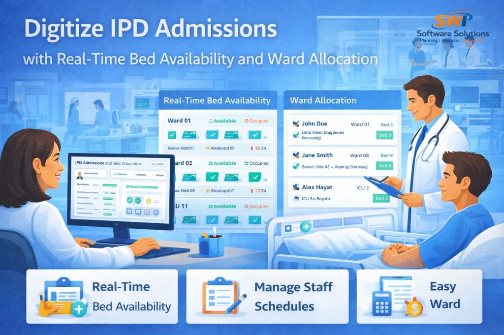 IPD admission management software showing real time bed availability, ward allocation, patient admission workflow and staff schedule management for hospitals and nursing homes.