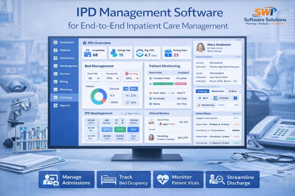 IPD management software dashboard showing inpatient admissions, bed occupancy tracking, patient vitals monitoring, clinical notes, medication and orders, and discharge management for hospitals.