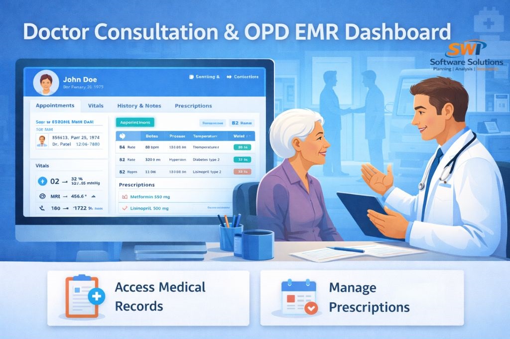 doctor consultation and OPD EMR dashboard showing patient vitals, medical history, clinical notes, digital prescriptions and electronic medical records access for hospitals and clinics.