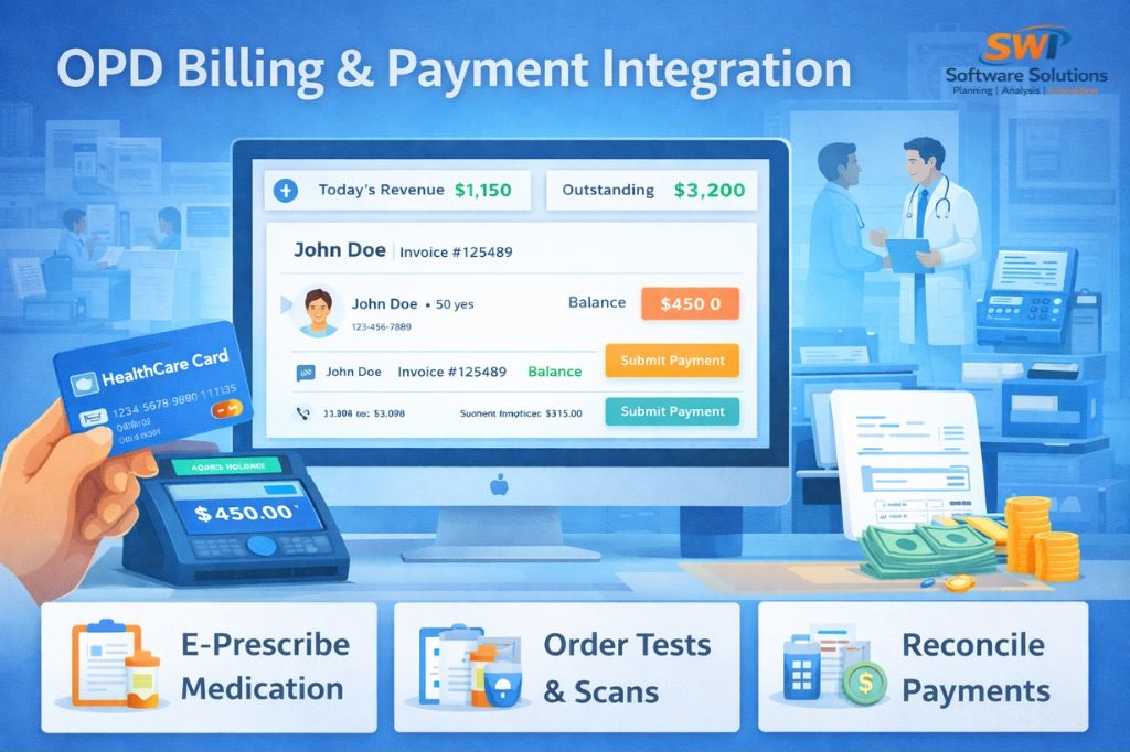 OPD billing and payment integration software showing OPD invoice dashboard, revenue and outstanding payments, digital payment collection, e-prescription billing and test order billing for hospitals and clinics.