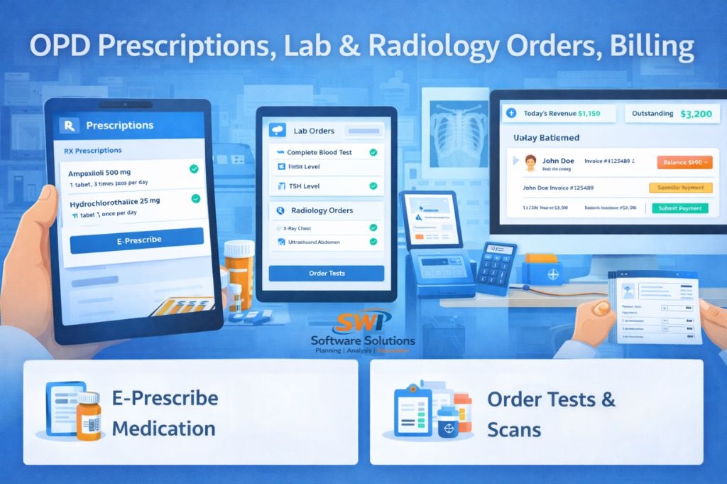 OPD software showing e-prescriptions, lab test orders, radiology scan orders and OPD billing dashboard with revenue and outstanding payments for hospitals and clinics.
