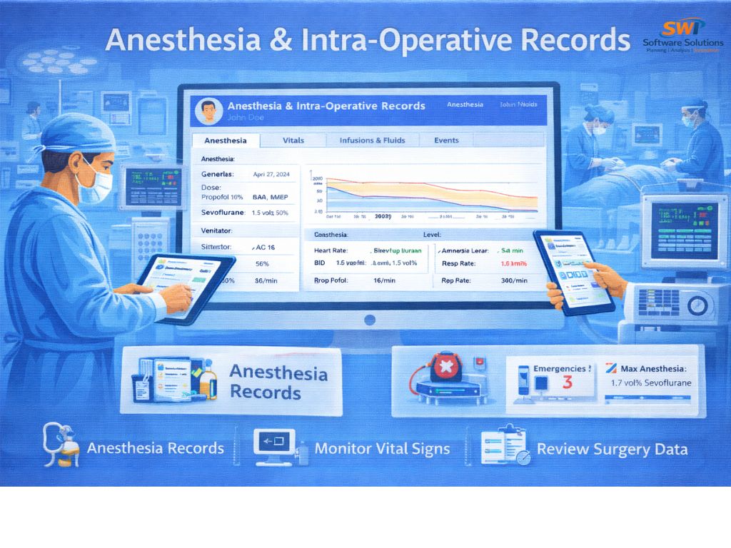 anesthesia and intra operative records software dashboard showing anesthesia details, intra op vitals monitoring, infusions and fluids tracking, surgical events documentation and OT surgery data review for hospitals