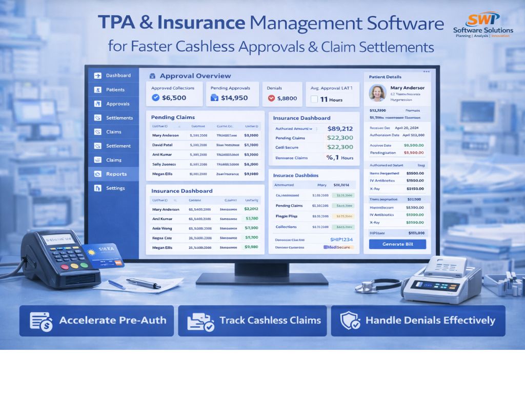 TPA and insurance management software dashboard showing cashless approval overview, pre authorization tracking, pending claims, insurance billing, claim settlements, denial management and TPA reports for hospitals