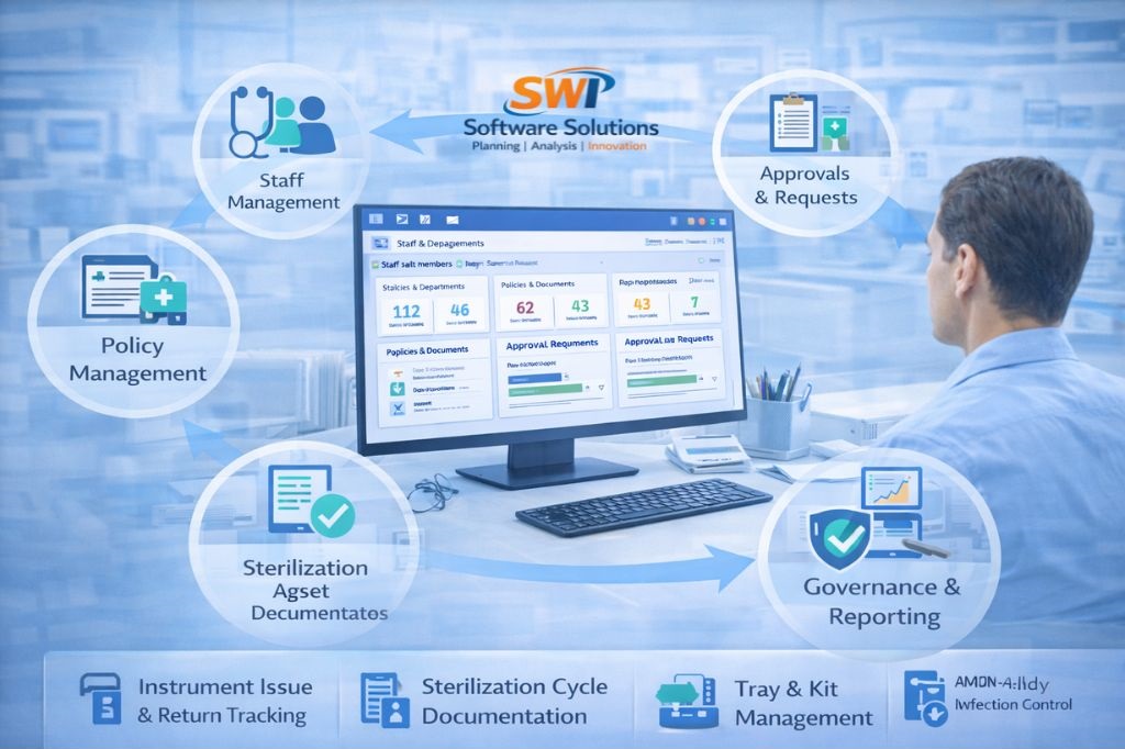 Hospital Governance & Compliance Management – Policies, Approvals & Reporting | SWI HMS Hospital governance and compliance management software for staff management, policy management, approvals requests and reporting