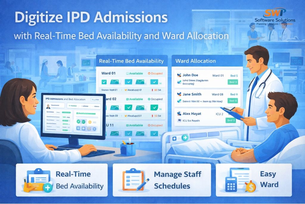 Integrated IPD workflow dashboard showing bed availability, admission, doctor rounds, treatment updates, billing and discharge process in hospital management software