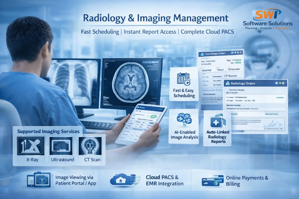 Radiology and imaging management software with PACS for X-ray, CT scan and ultrasound with EMR integration