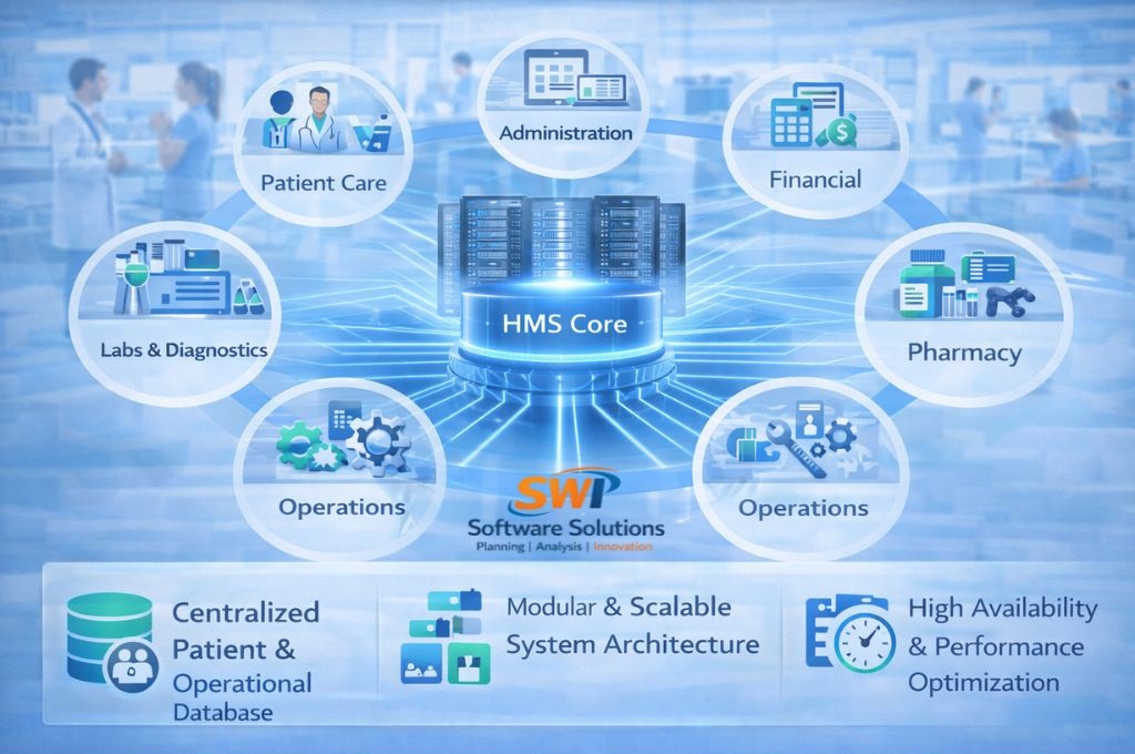 HMS core architecture with centralized patient database, modular scalable system and high availability performance optimization