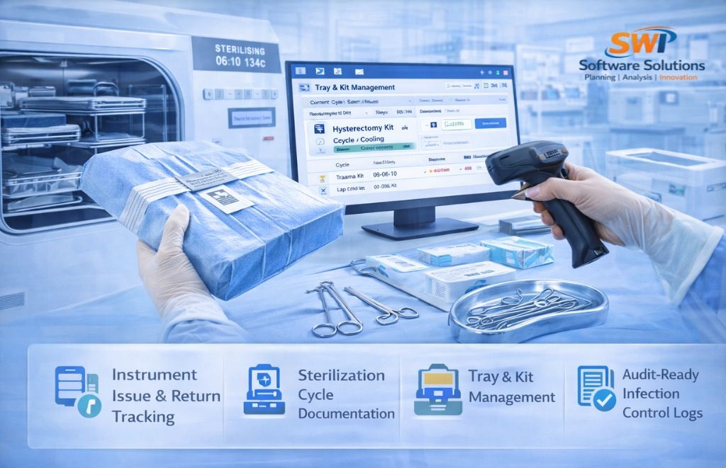 CSSD Management Software – Sterilization & Instrument Tracking | SWI HMS CSSD management software for hospitals to track instrument issue return, sterilization cycles, tray kit management and infection control logs