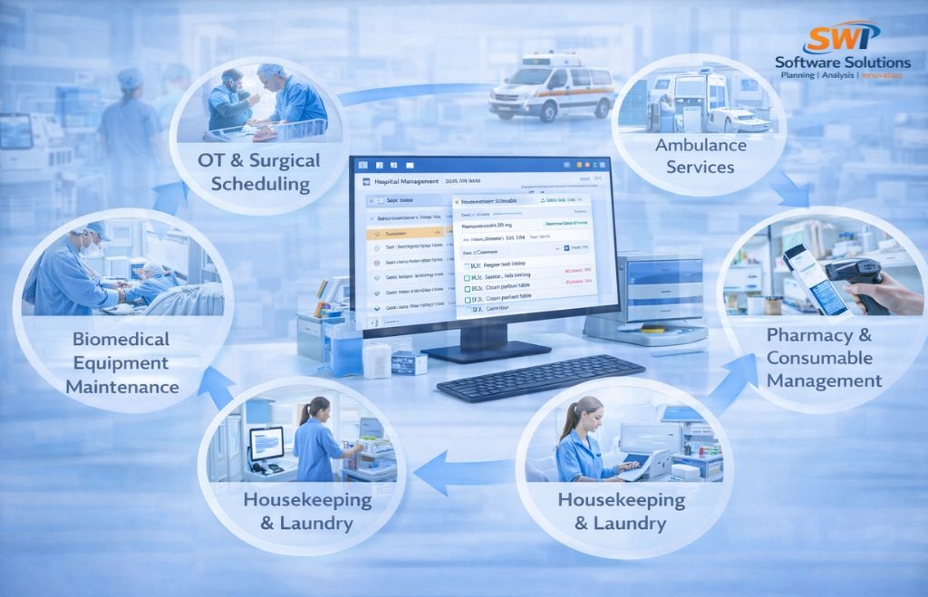 Hospital Support Services Management – OT, Ambulance & Housekeeping | SWI HMS Hospital support services management software for OT scheduling, ambulance services, housekeeping, biomedical maintenance and pharmacy consumables