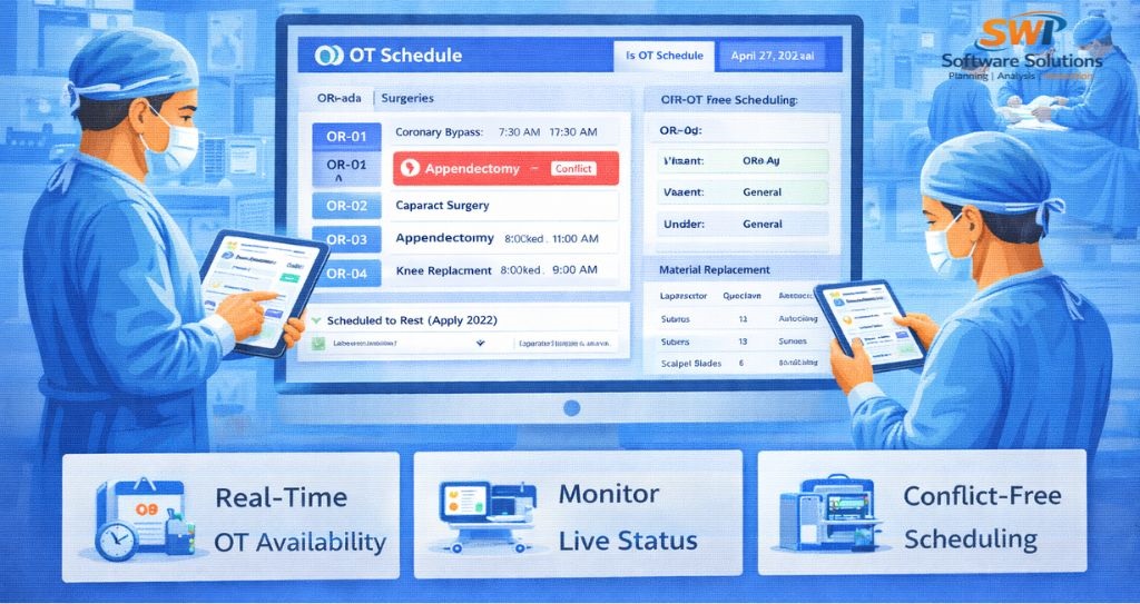 OT Management Software – Real-Time OT Scheduling | SWI HMS OT management software for hospitals with real-time OT availability, live status monitoring and conflict-free surgery scheduling