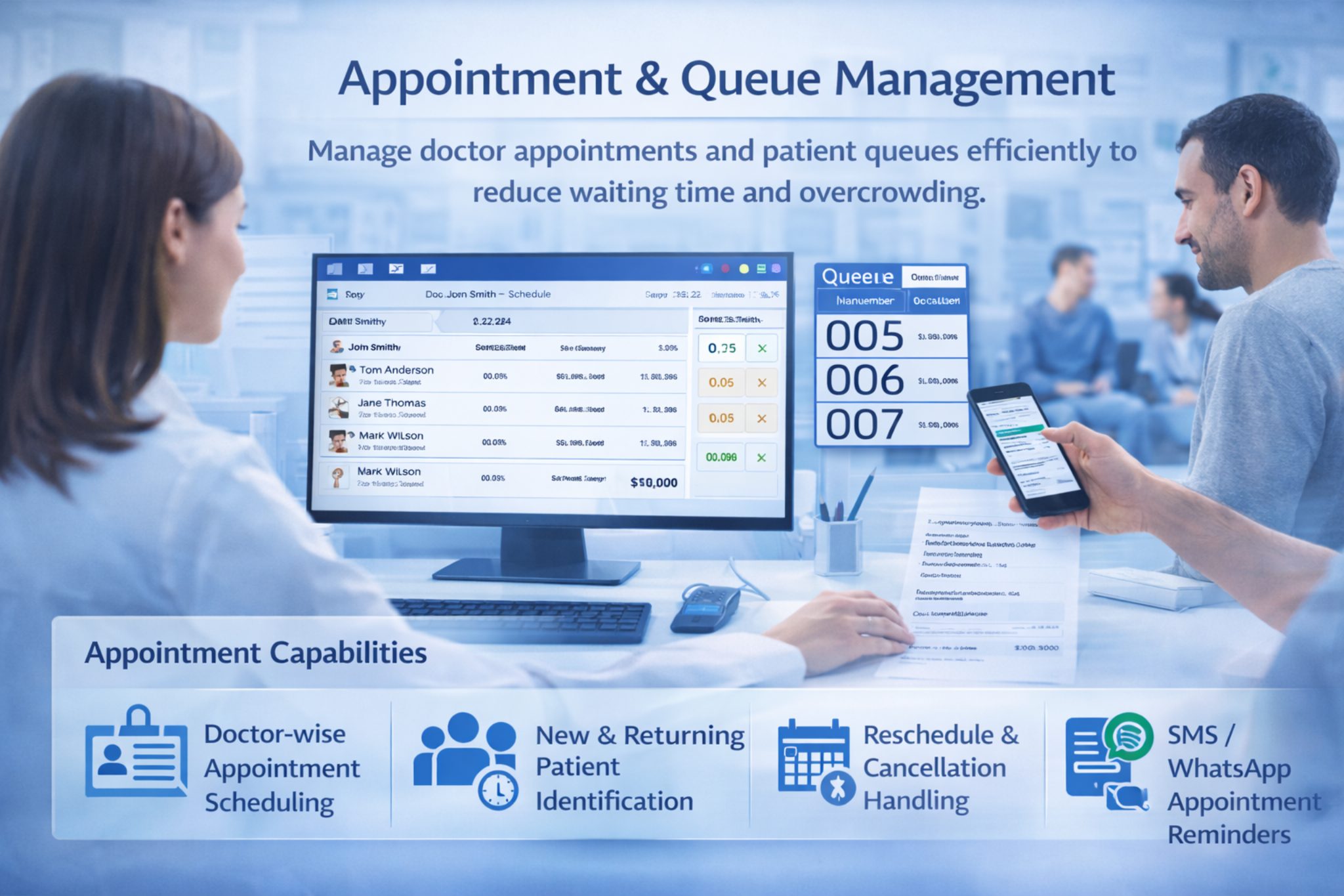 Appointment & Queue Management Software – Doctor Scheduling | SWI HMS Appointment and queue management software for hospitals with doctor-wise scheduling, rescheduling, and SMS WhatsApp reminders
