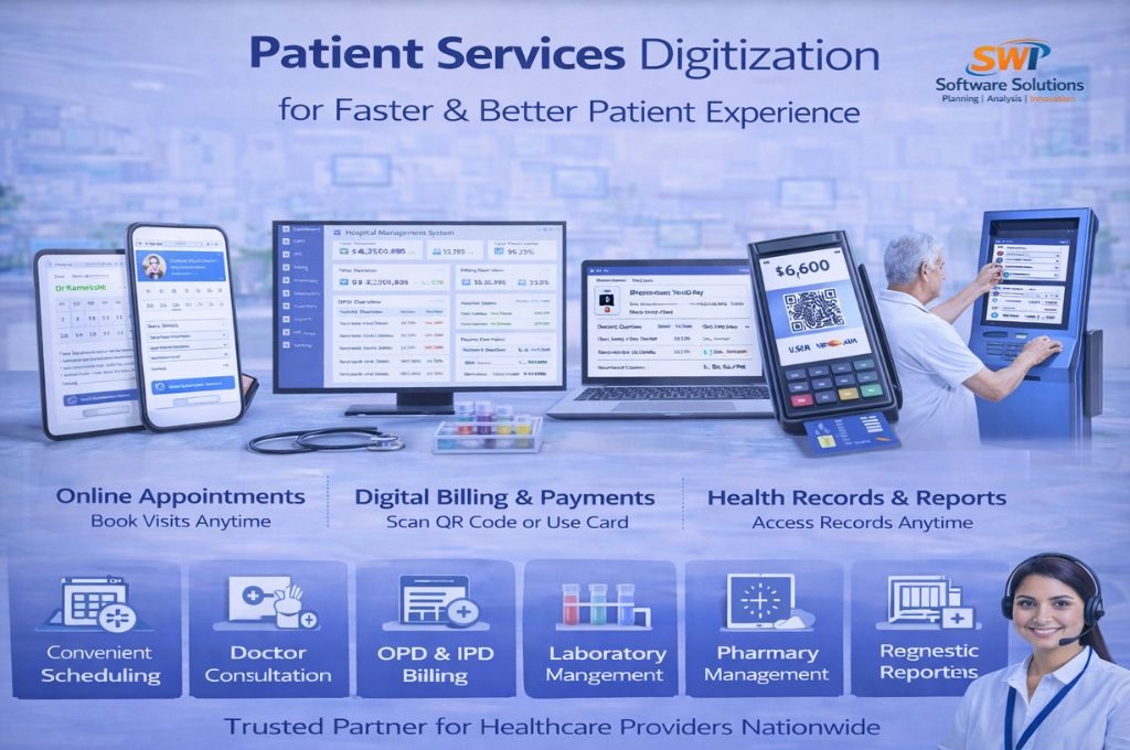 Patient Services Digitization – SWI Hospital Management Software Patient services digitization in hospital management software with online appointments, billing payments and health record access