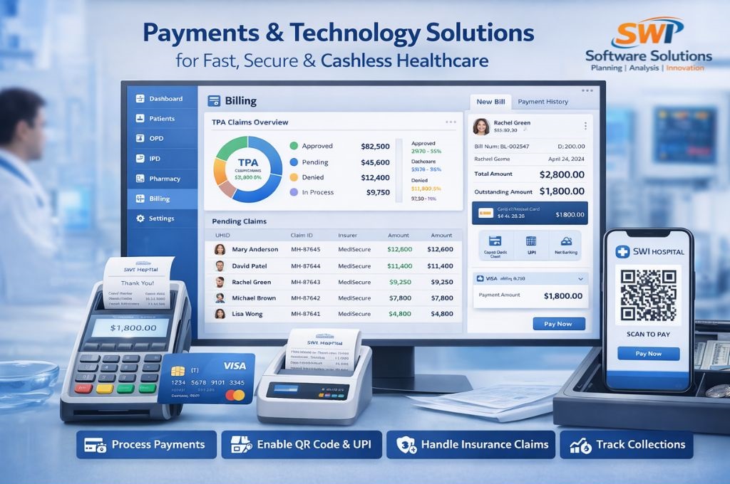 Payments & Technology Solutions – QR/UPI, Card Payments & Insurance Claims | SWI HMS Hospital payment and billing software with QR code UPI payments, card payments, insurance claims and collection tracking