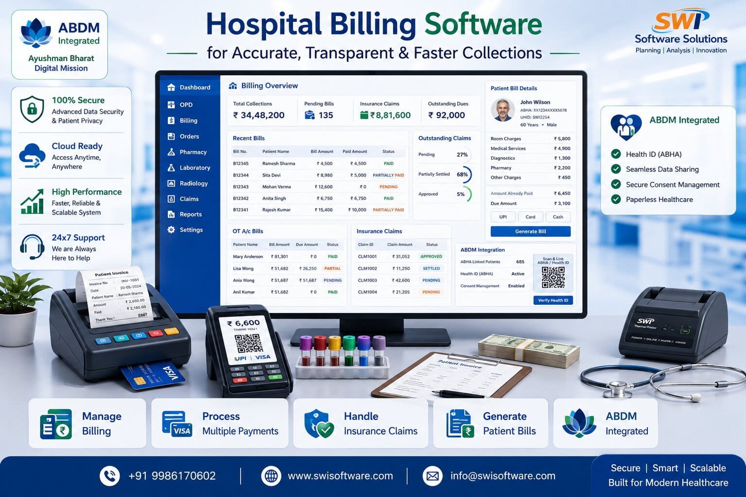 Hospital billing software dashboard showing patient billing, insurance claims, multiple payment modes and faster collections