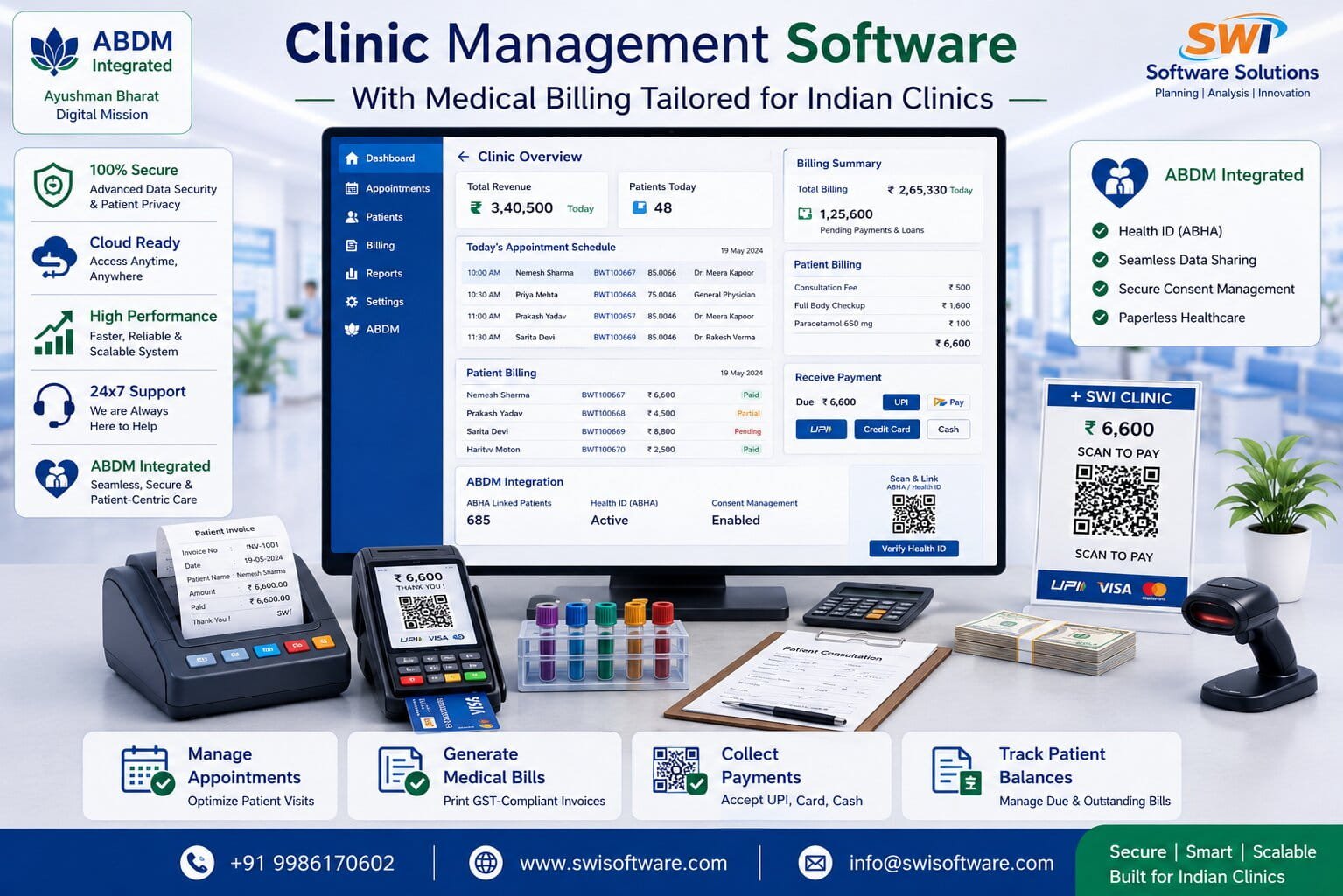 Clinic management software with medical billing, appointment management, patient billing and UPI payments for Indian clinics