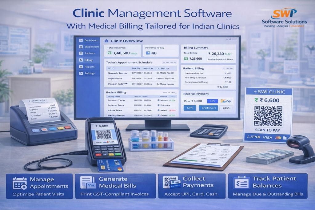 Clinic Management Software with Billing in India Clinic management software with medical billing, appointment management, patient billing and UPI payments for Indian clinics