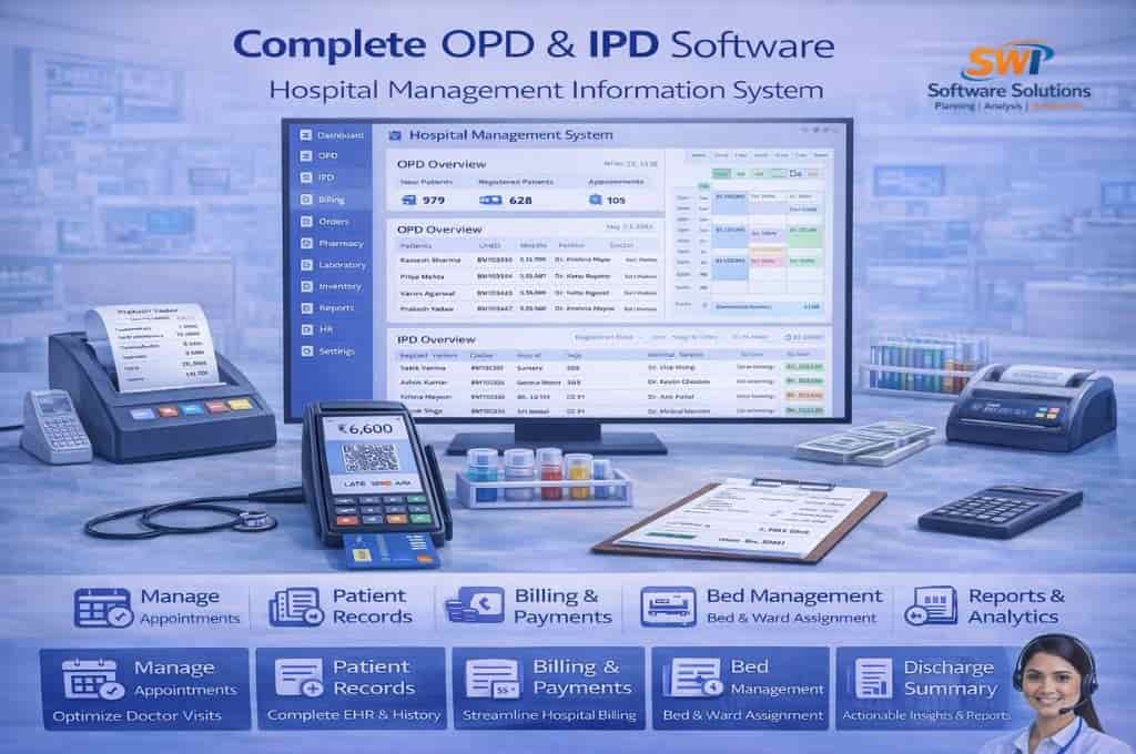 OPD IPD Management Software Dashboard Complete OPD and IPD software dashboard showing patient records, billing and payments, bed management, reports and hospital analytics