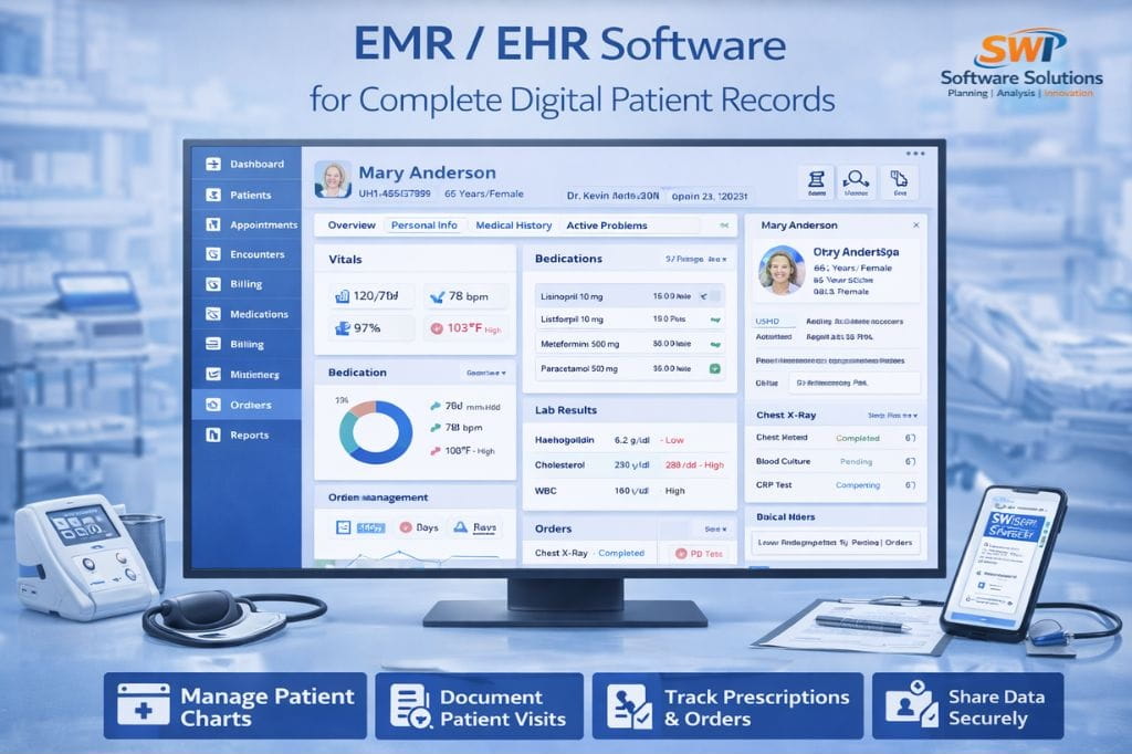 EMR EHR Software for Digital Medical Records EMR and EHR software dashboard showing digital patient records, vitals, prescriptions, lab results and clinical documentation