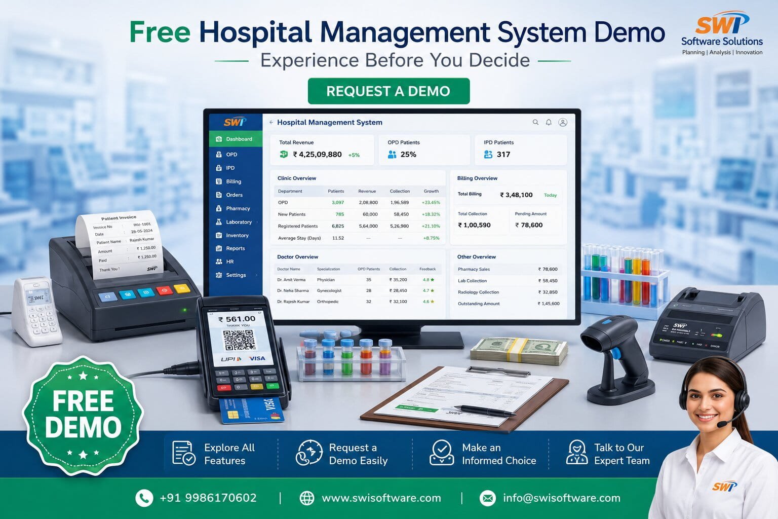 Free hospital management system demo showing dashboard, billing, OPD, IPD and payment modules for hospitals and clinics