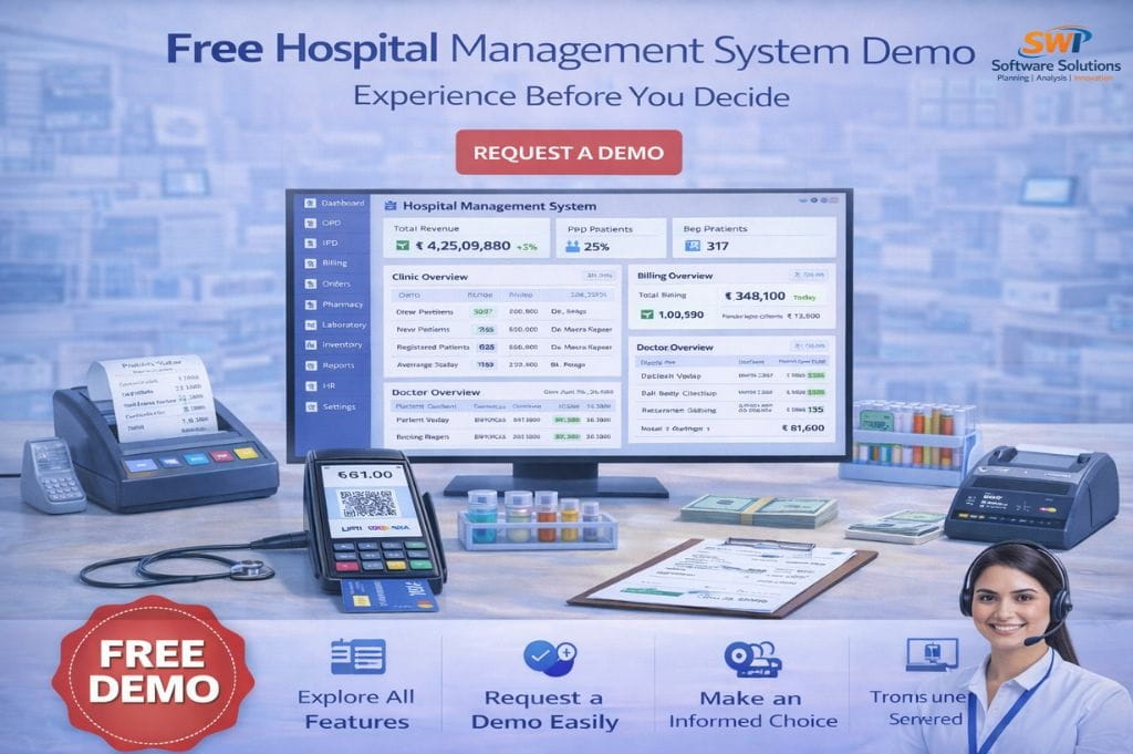 Request HMS System Software Demo Free hospital management system demo showing dashboard, billing, OPD, IPD and payment modules for hospitals and clinics