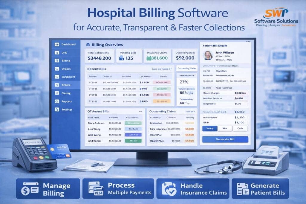Hospital Billing Software with GST and Insurance Support Hospital billing software dashboard showing patient billing, insurance claims, multiple payment modes and faster collections