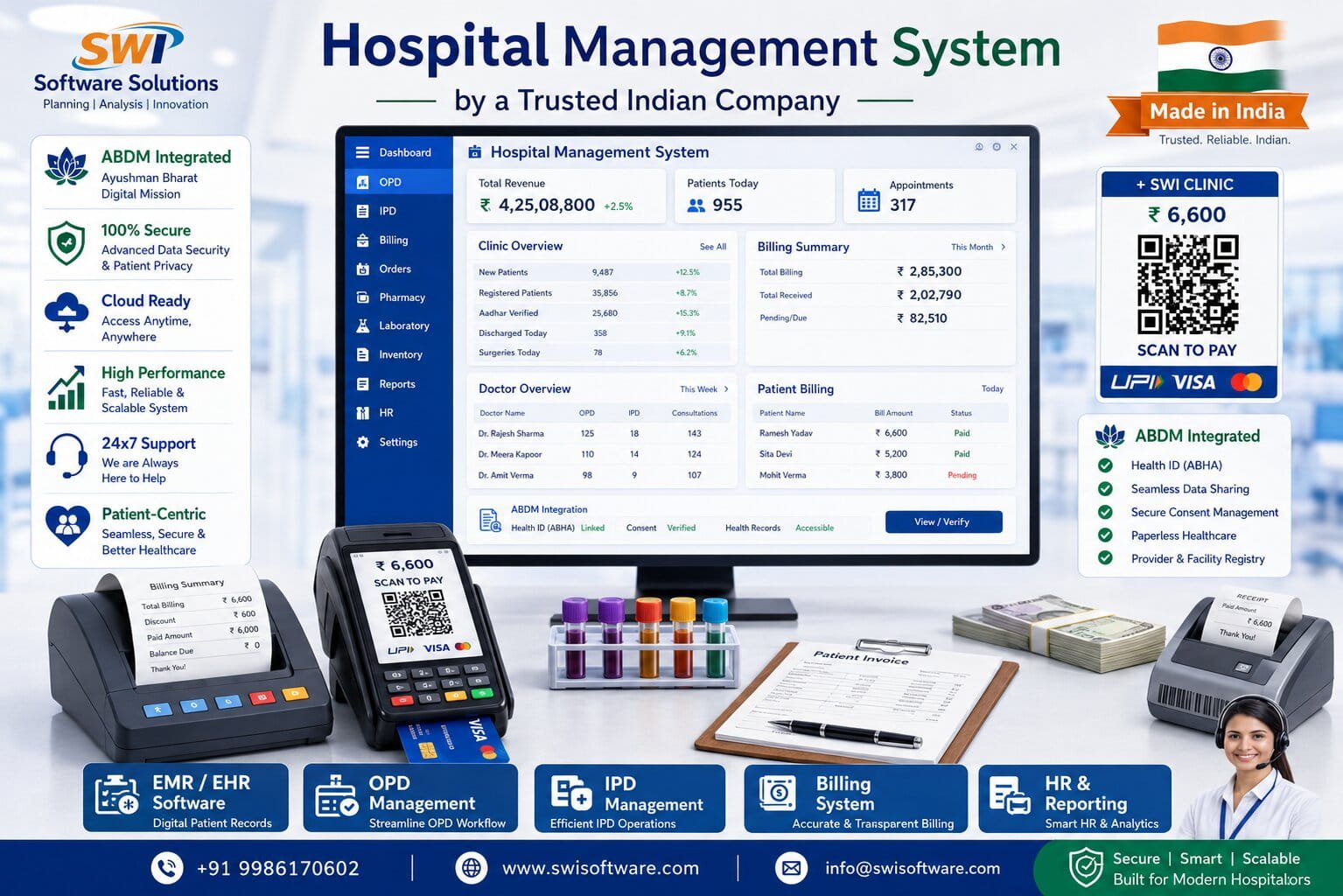 Hospital management system software by a trusted Indian company showing EMR EHR, OPD, IPD, billing, HR reporting and UPI payments.
