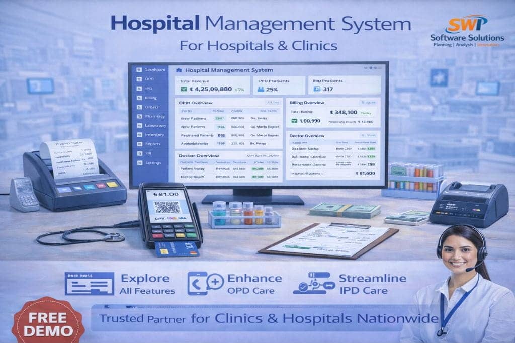 Hospital Management System Software in India Dashboard Hospital information system software for hospitals and clinics showing OPD IPD billing pharmacy and digital payment integration