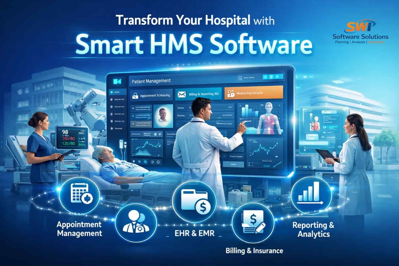 All-in-One Hospital Management Information System Hospital management software dashboard showing OPD, IPD, EMR, billing, pharmacy and digital marketing integration for Indian hospitals