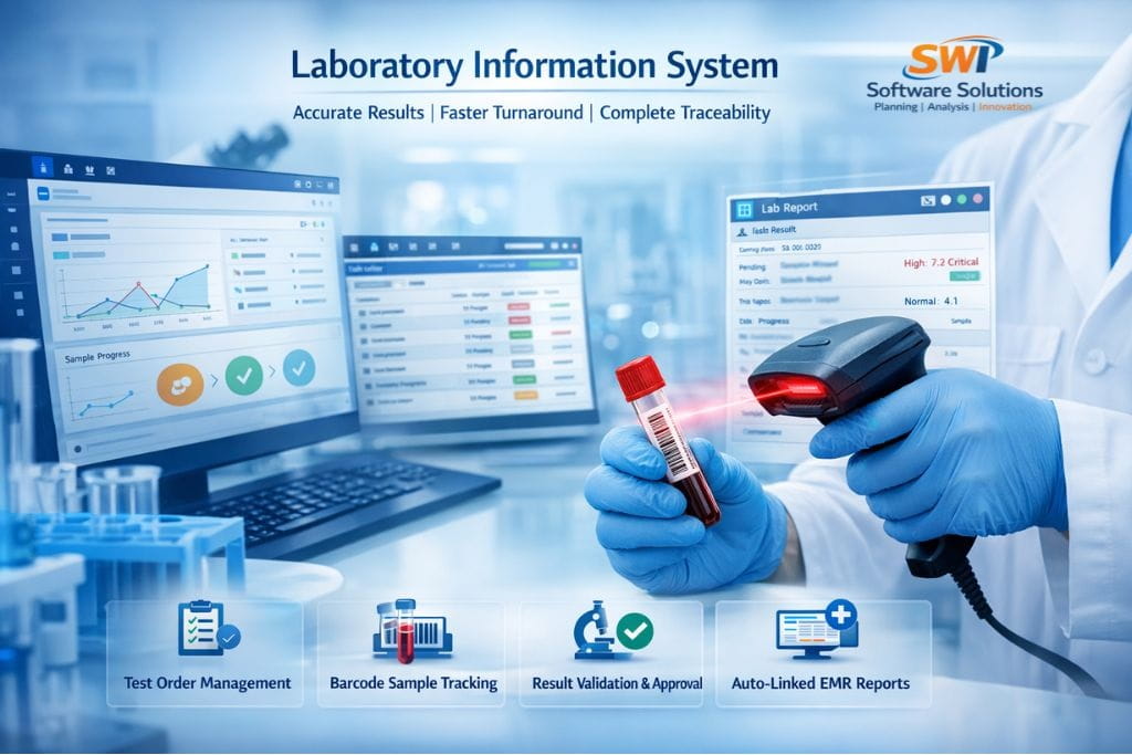 Laboratory Management System LIS Software Laboratory management software dashboard showing lab orders, sample tracking, test results, turnaround time and diagnostic reporting.