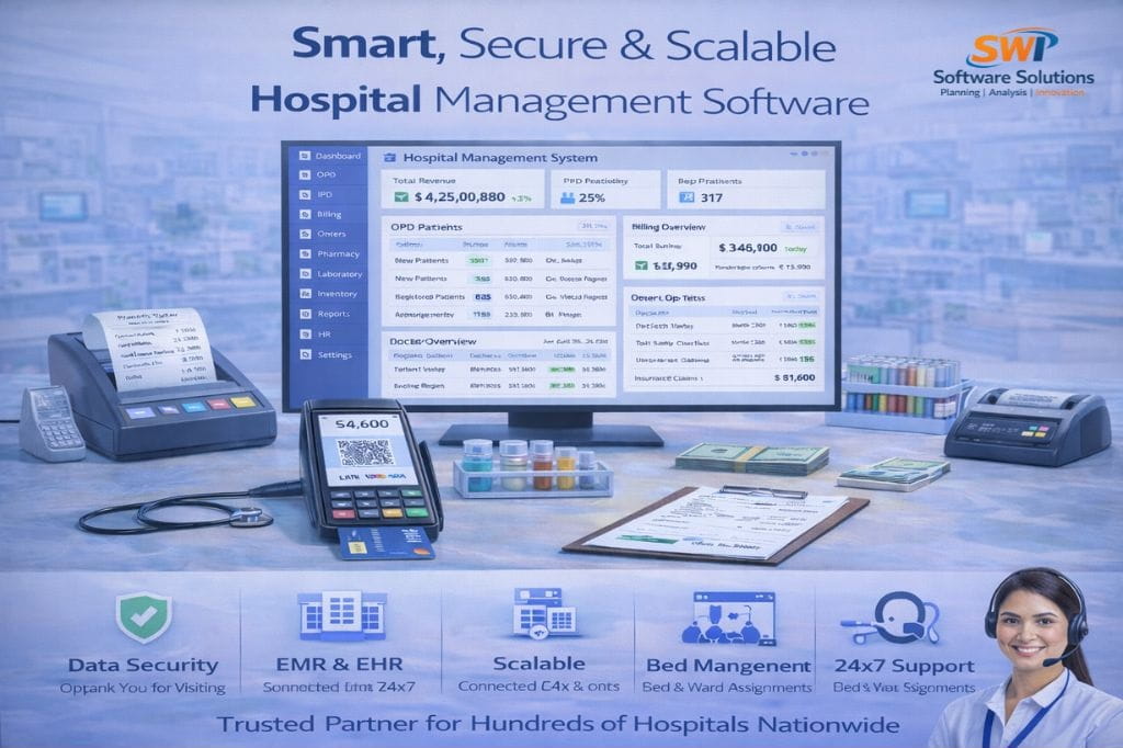 Hospital Billing Software with GST and Insurance Support Smart secure and scalable hospital management software dashboard with EMR EHR, billing, OPD IPD management and data security
